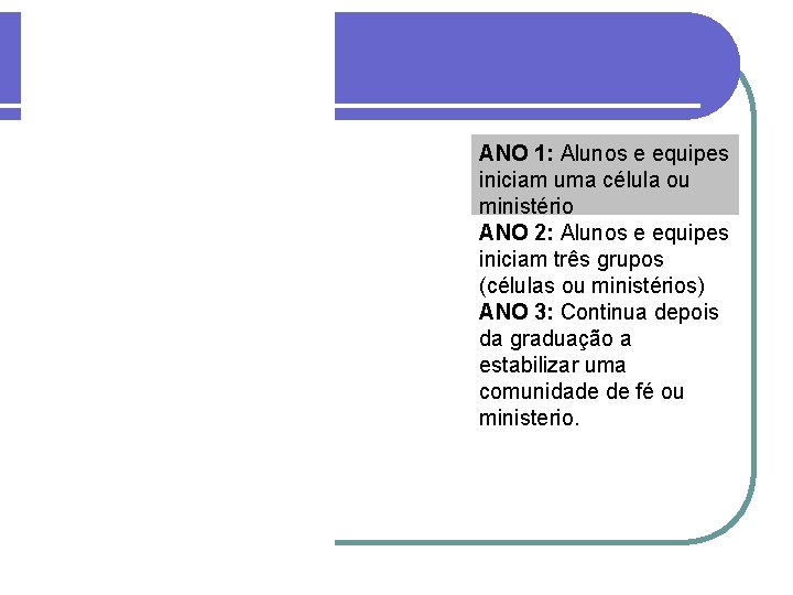 ANO 1: Alunos e equipes iniciam uma célula ou ministério ANO 2: Alunos e