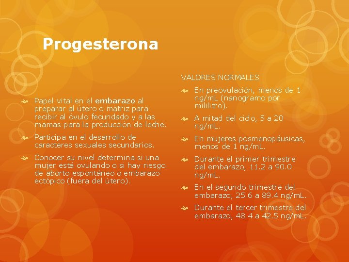 Progesterona VALORES NORMALES Papel vital en el embarazo al preparar al útero o matriz