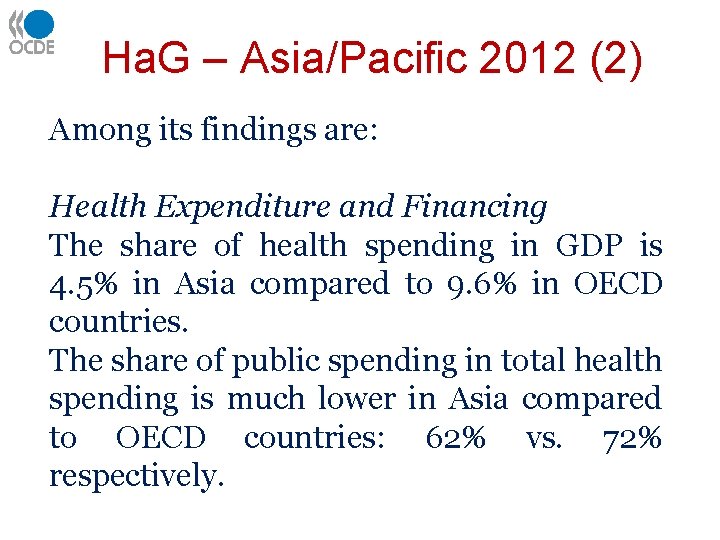 Ha. G – Asia/Pacific 2012 (2) Among its findings are: Health Expenditure and Financing