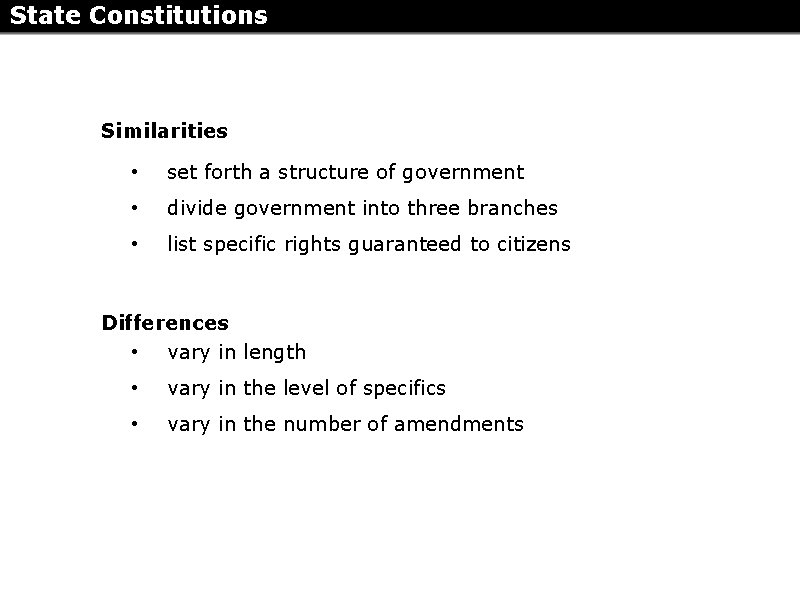 State Constitutions Similarities • set forth a structure of government • divide government into