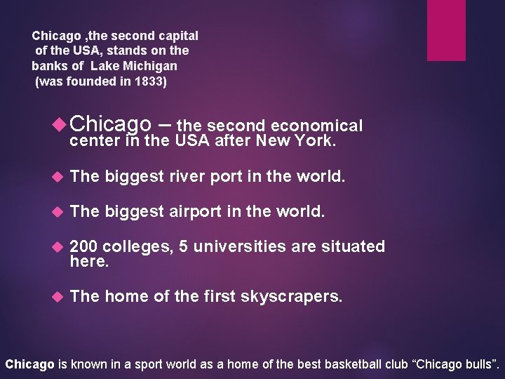Chicago , the second capital of the USA, stands on the banks of Lake