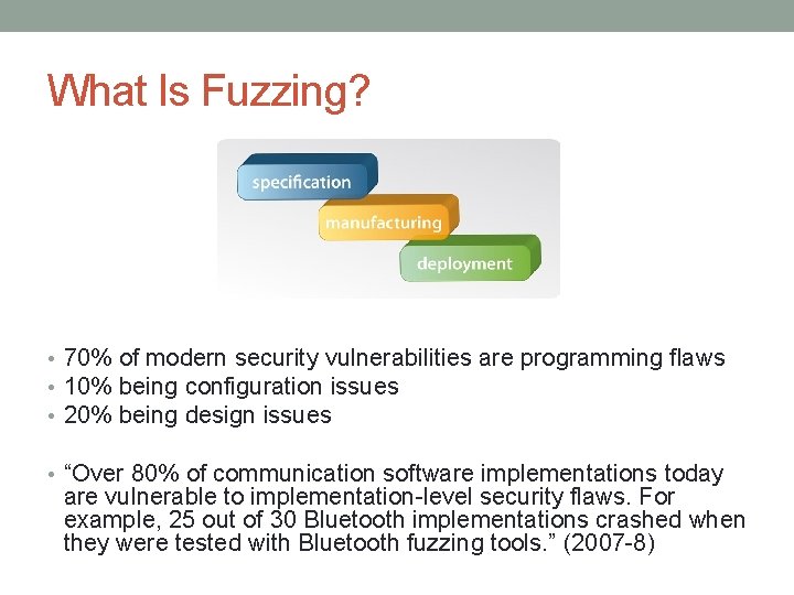 What Is Fuzzing? • 70% of modern security vulnerabilities are programming flaws • 10%