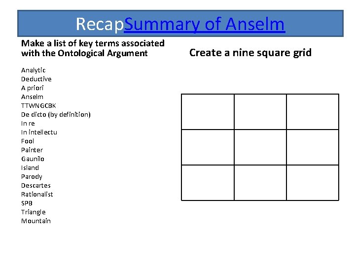 Recap. Summary of Anselm Make a list of key terms associated with the Ontological