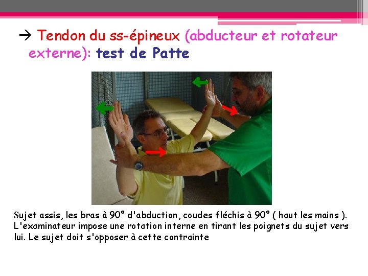 Tendon du ss-épineux (abducteur et rotateur externe): test de Patte Sujet assis, les Tendon du ss-épineux (abducteur et rotateur externe): test de Patte Sujet assis, les