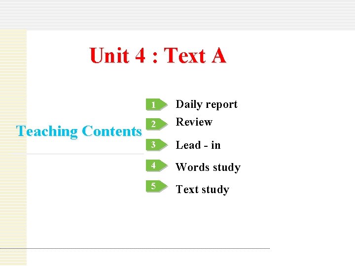Unit 4 : Text A Teaching Contents 1 Daily report 2 Review 3 Lead