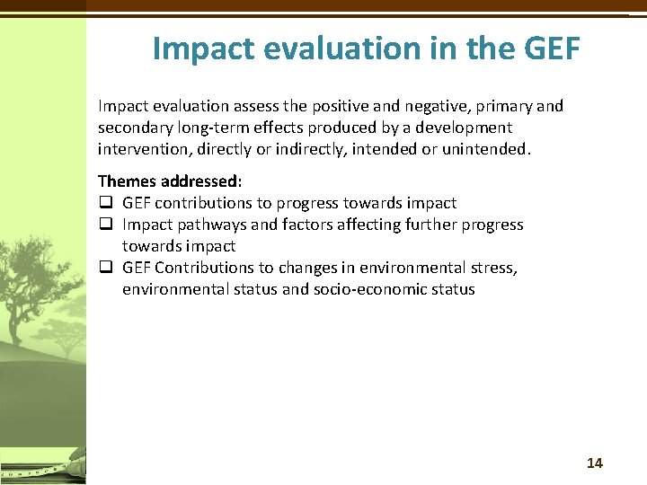 Impact evaluation in the GEF Impact evaluation assess the positive and negative, primary and