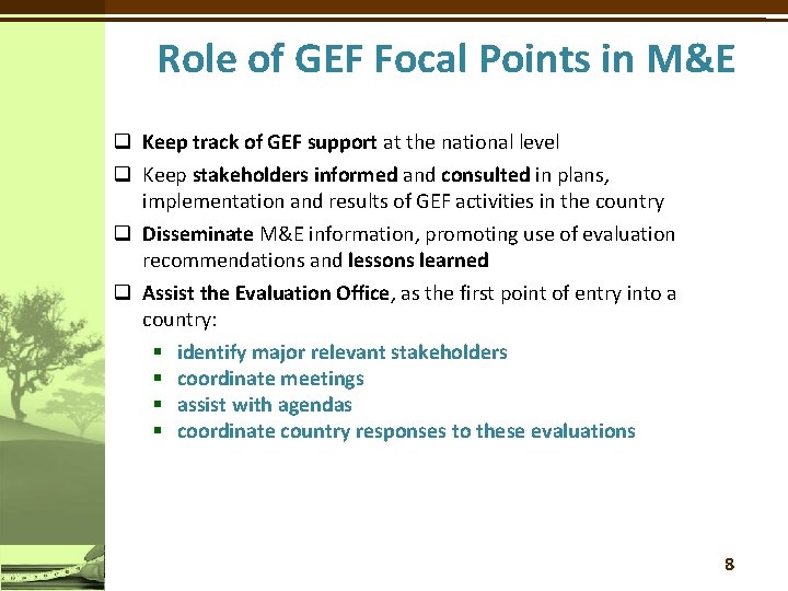 Role of GEF Focal Points in M&E q Keep track of GEF support at