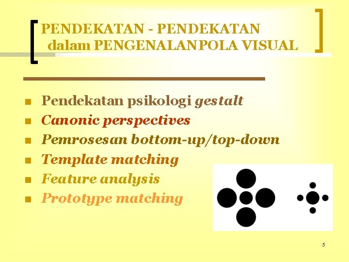 PENDEKATAN - PENDEKATAN dalam PENGENALANPOLA VISUAL Pendekatan psikologi gestalt Canonic perspectives Pemrosesan bottom-up/top-down Template PENDEKATAN - PENDEKATAN dalam PENGENALANPOLA VISUAL Pendekatan psikologi gestalt Canonic perspectives Pemrosesan bottom-up/top-down Template