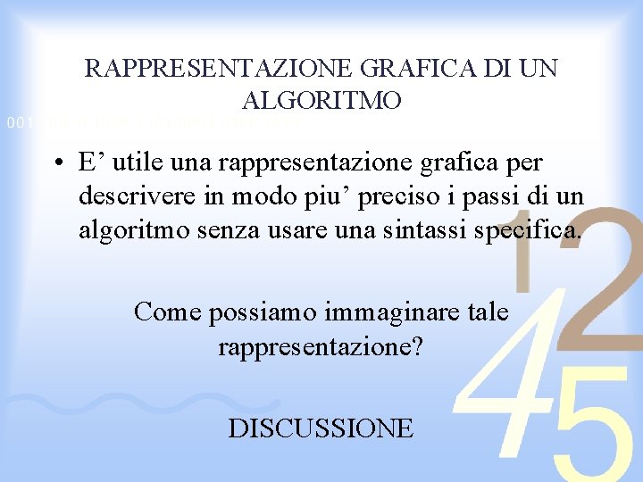 RAPPRESENTAZIONE GRAFICA DI UN ALGORITMO • E’ utile una rappresentazione grafica per descrivere in