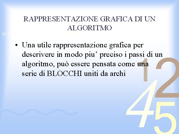 RAPPRESENTAZIONE GRAFICA DI UN ALGORITMO • Una utile rappresentazione grafica per descrivere in modo