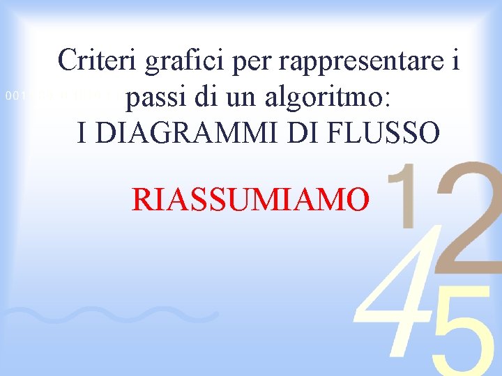 Criteri grafici per rappresentare i passi di un algoritmo: I DIAGRAMMI DI FLUSSO RIASSUMIAMO