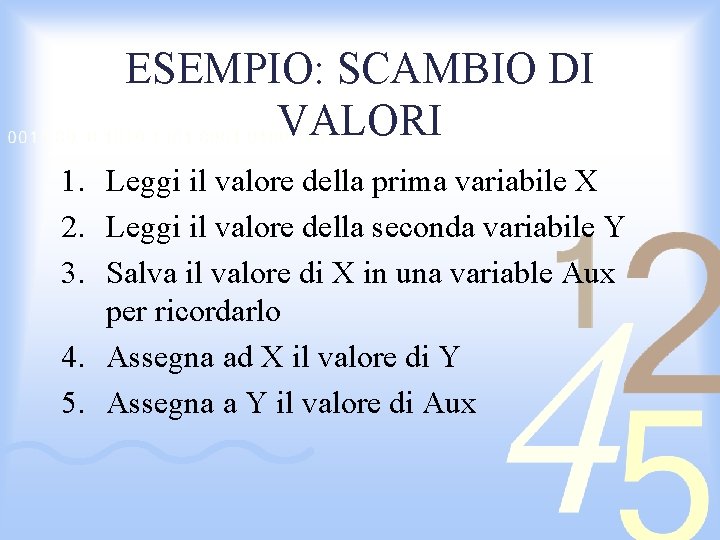 ESEMPIO: SCAMBIO DI VALORI 1. Leggi il valore della prima variabile X 2. Leggi