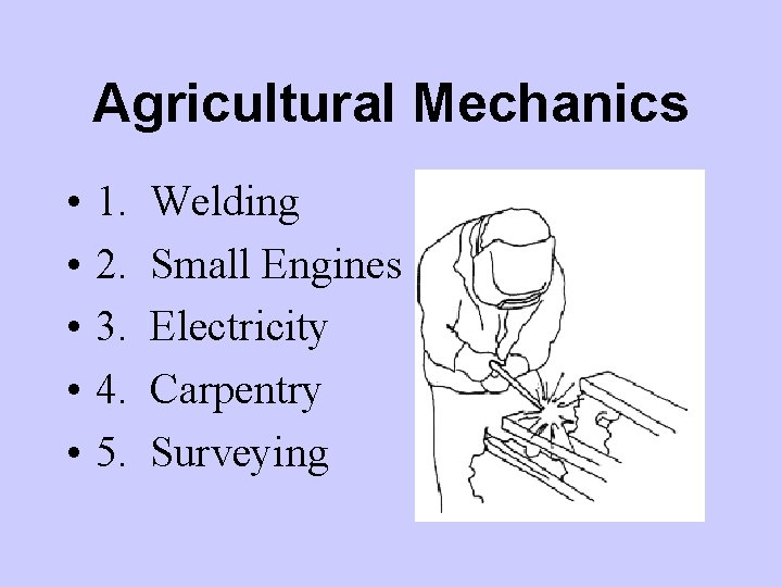 Agricultural Mechanics • • • 1. 2. 3. 4. 5. Welding Small Engines Electricity