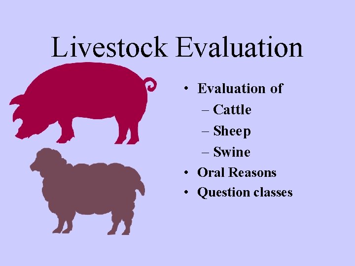 Livestock Evaluation • Evaluation of – Cattle – Sheep – Swine • Oral Reasons