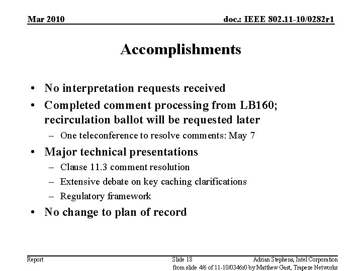 Mar 2010 doc. : IEEE 802. 11 -10/0282 r 1 Accomplishments • No interpretation