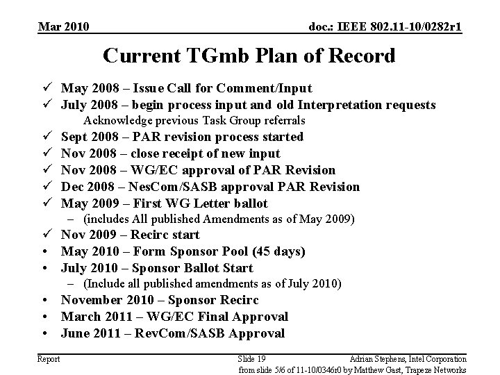 Mar 2010 doc. : IEEE 802. 11 -10/0282 r 1 Current TGmb Plan of