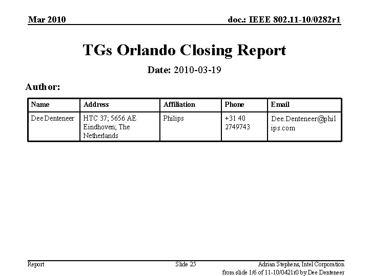 Mar 2010 doc. : IEEE 802. 11 -10/0282 r 1 TGs Orlando Closing Report