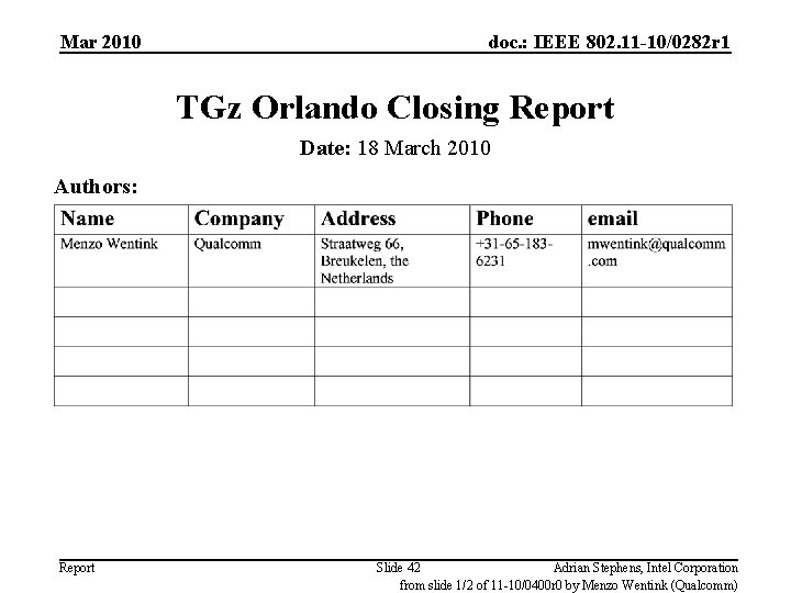 Mar 2010 doc. : IEEE 802. 11 -10/0282 r 1 TGz Orlando Closing Report