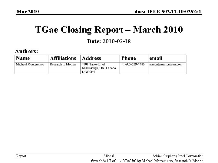 Mar 2010 doc. : IEEE 802. 11 -10/0282 r 1 TGae Closing Report –