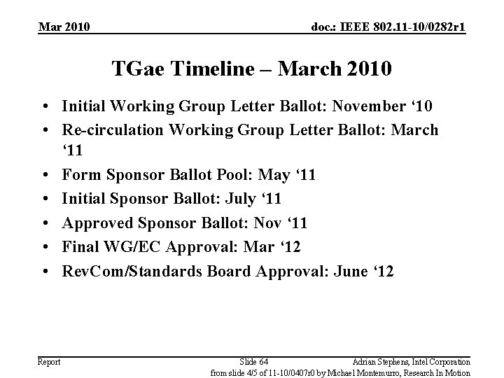 Mar 2010 doc. : IEEE 802. 11 -10/0282 r 1 TGae Timeline – March