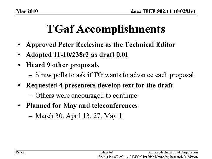 Mar 2010 doc. : IEEE 802. 11 -10/0282 r 1 TGaf Accomplishments • Approved