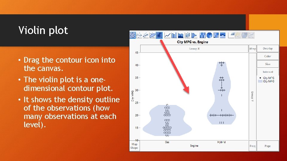 Violin plot • Drag the contour icon into the canvas. • The violin plot