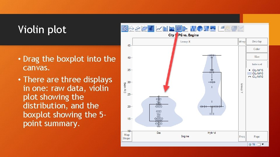 Violin plot • Drag the boxplot into the canvas. • There are three displays