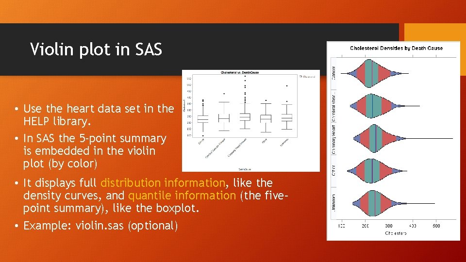 Violin plot in SAS • Use the heart data set in the HELP library.