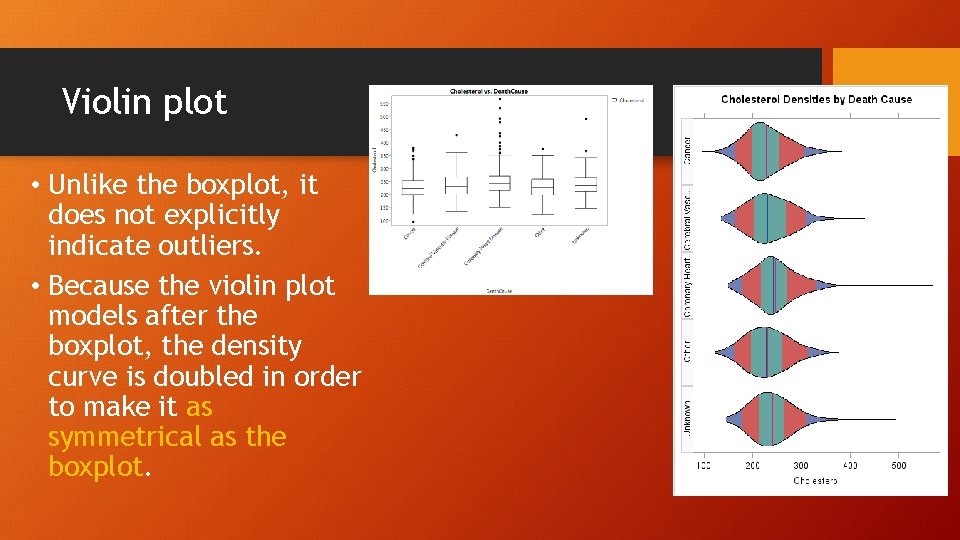 Violin plot • Unlike the boxplot, it does not explicitly indicate outliers. • Because