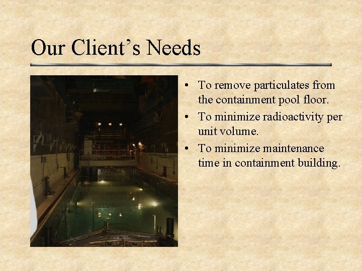 Our Client’s Needs • To remove particulates from the containment pool floor. • To