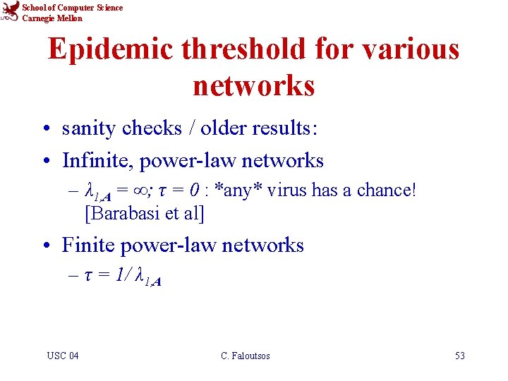 School of Computer Science Carnegie Mellon Epidemic threshold for various networks • sanity checks