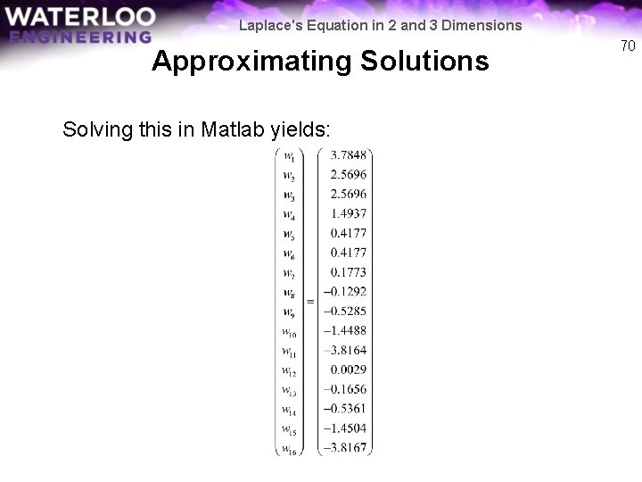 Laplace's Equation in 2 and 3 Dimensions Approximating Solutions Solving this in Matlab yields: