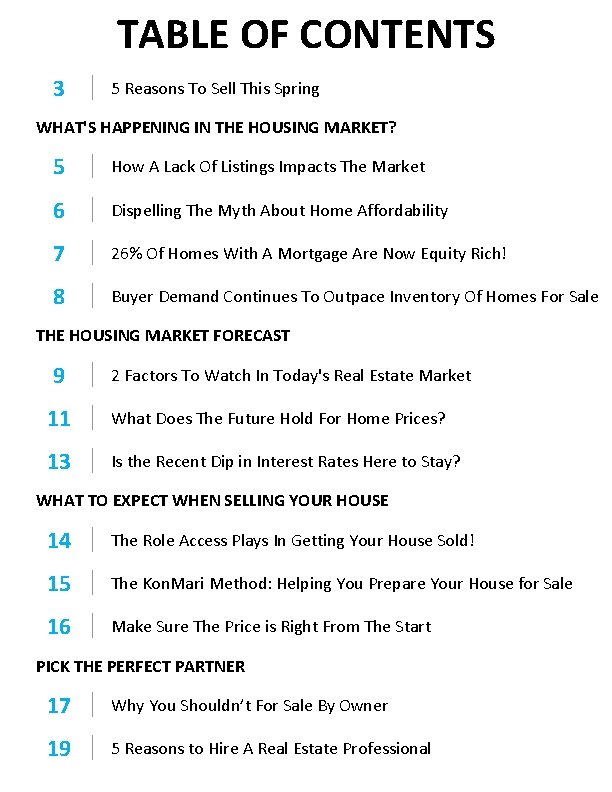 TABLE OF CONTENTS 3 5 Reasons To Sell This Spring WHAT'S HAPPENING IN THE