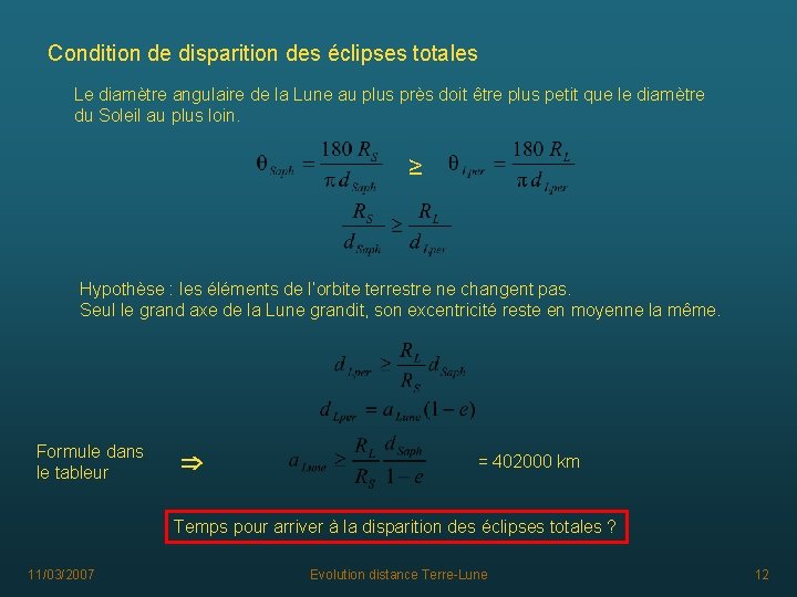 Condition de disparition des éclipses totales Le diamètre angulaire de la Lune au plus