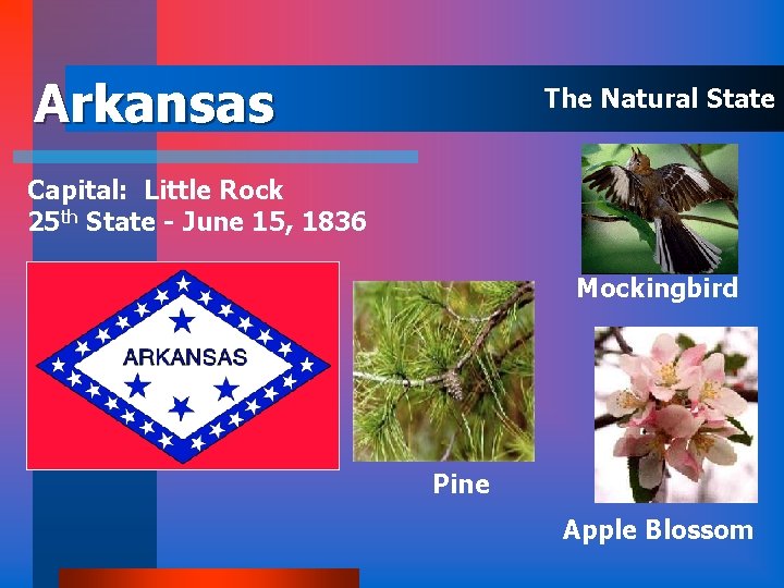 Arkansas The Natural State Capital: Little Rock 25 th State - June 15, 1836