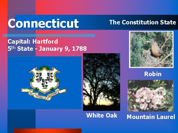 Connecticut The Constitution State Capital: Hartford 5 th State - January 9, 1788 Robin
