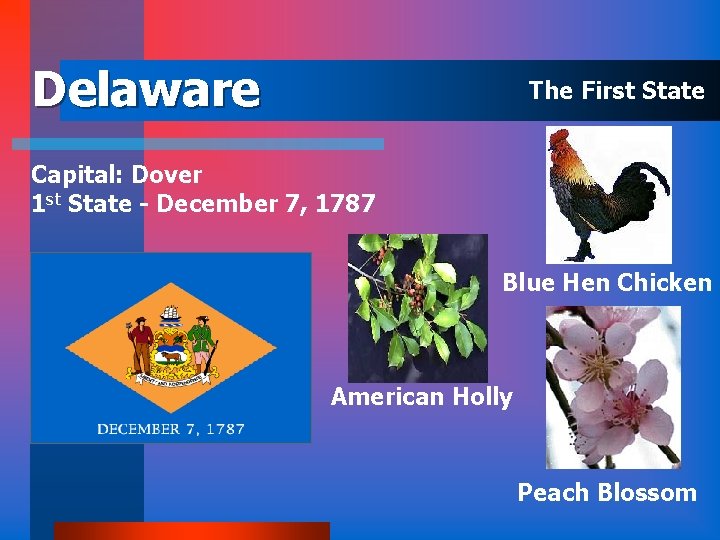 Delaware The First State Capital: Dover 1 st State - December 7, 1787 Blue