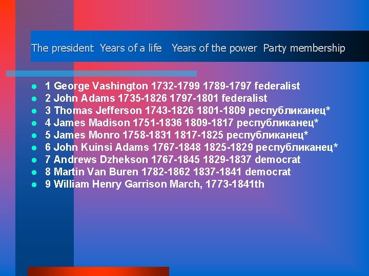 The president Years of a life Years of the power Party membership l l