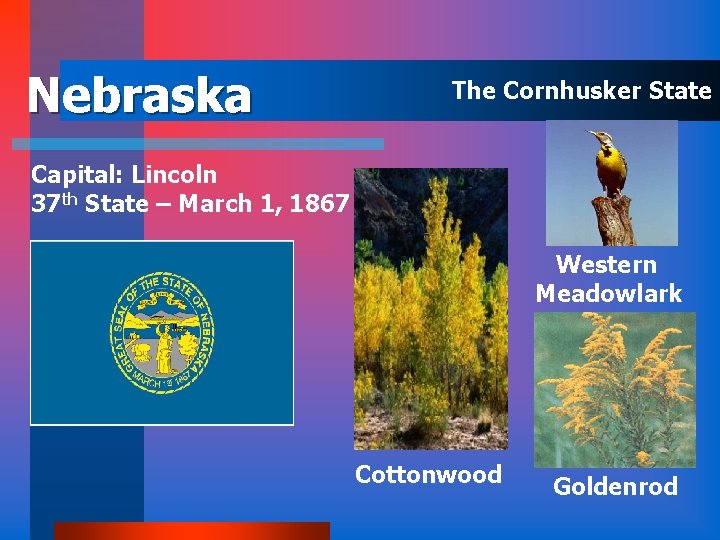 Nebraska The Cornhusker State Capital: Lincoln 37 th State – March 1, 1867 Western
