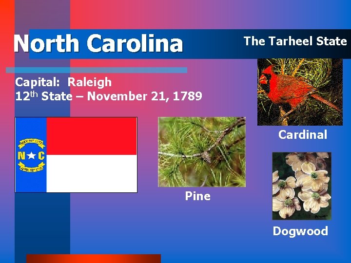 North Carolina The Tarheel State Capital: Raleigh 12 th State – November 21, 1789