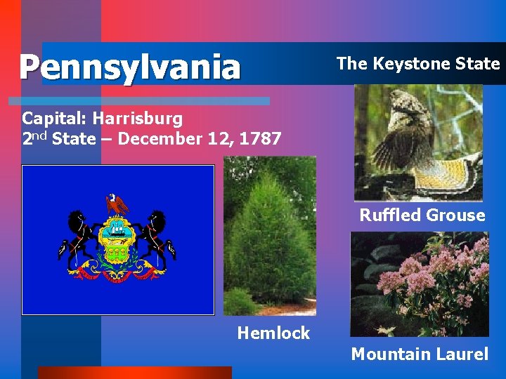 Pennsylvania The Keystone State Capital: Harrisburg 2 nd State – December 12, 1787 Ruffled