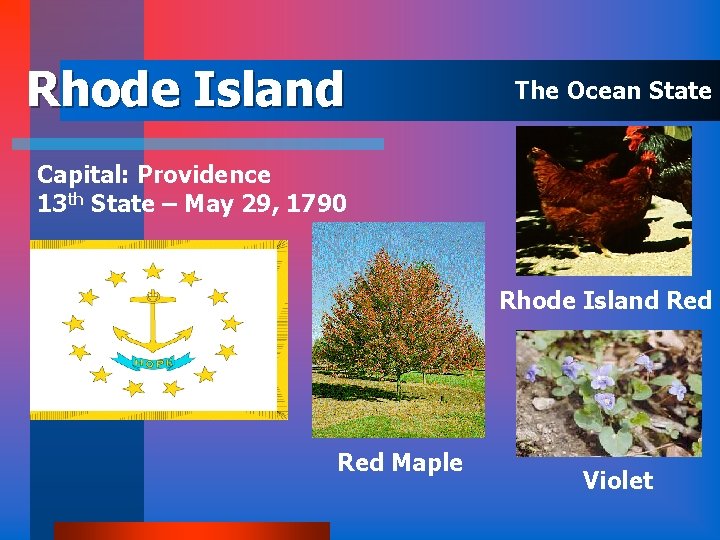 Rhode Island The Ocean State Capital: Providence 13 th State – May 29, 1790