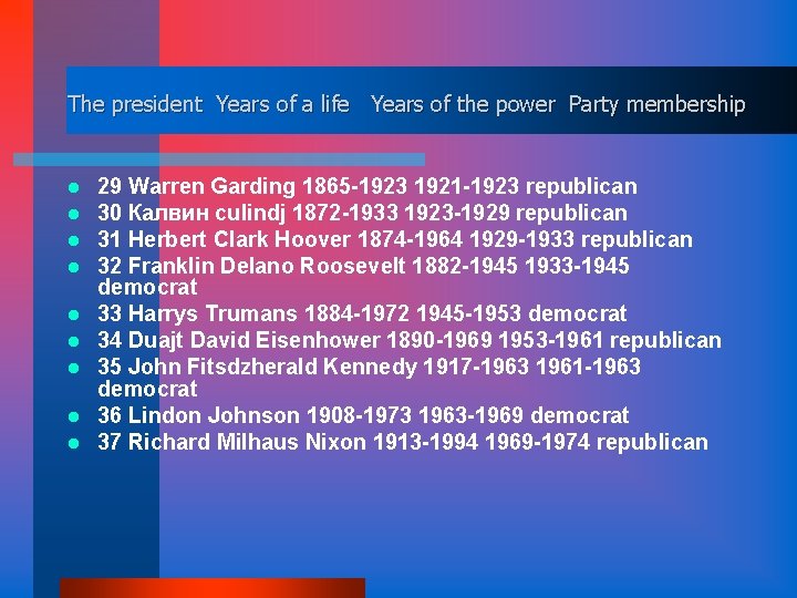 The president Years of a life Years of the power Party membership l l