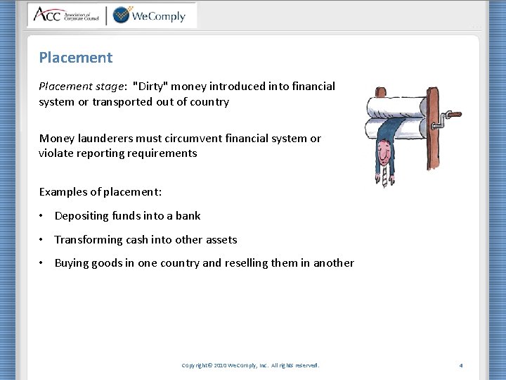Placement stage: "Dirty" money introduced into financial system or transported out of country Money