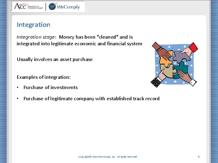 Integration stage: Money has been "cleaned" and is integrated into legitimate economic and financial