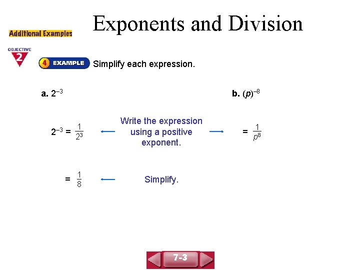 Exponents and Division COURSE 3 LESSON 7 -3 Simplify each expression. a. 2– 3