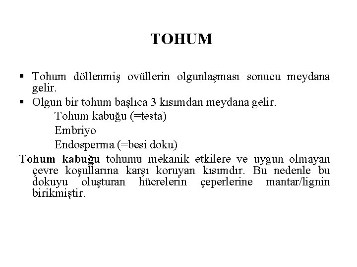 TOHUM § Tohum döllenmiş ovüllerin olgunlaşması sonucu meydana gelir. § Olgun bir tohum başlıca