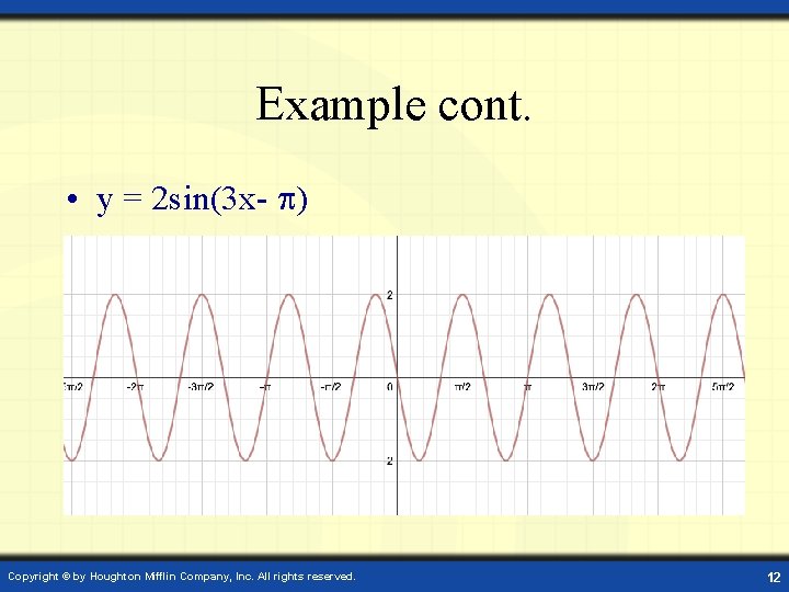 Example cont. • y = 2 sin(3 x- ) Copyright © by Houghton Mifflin