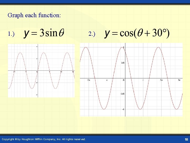 Graph each function: 1. ) Copyright © by Houghton Mifflin Company, Inc. All rights