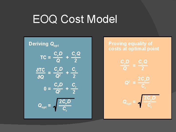 EOQ Cost Model Deriving Qopt Co D Cc Q TC = + Q 2